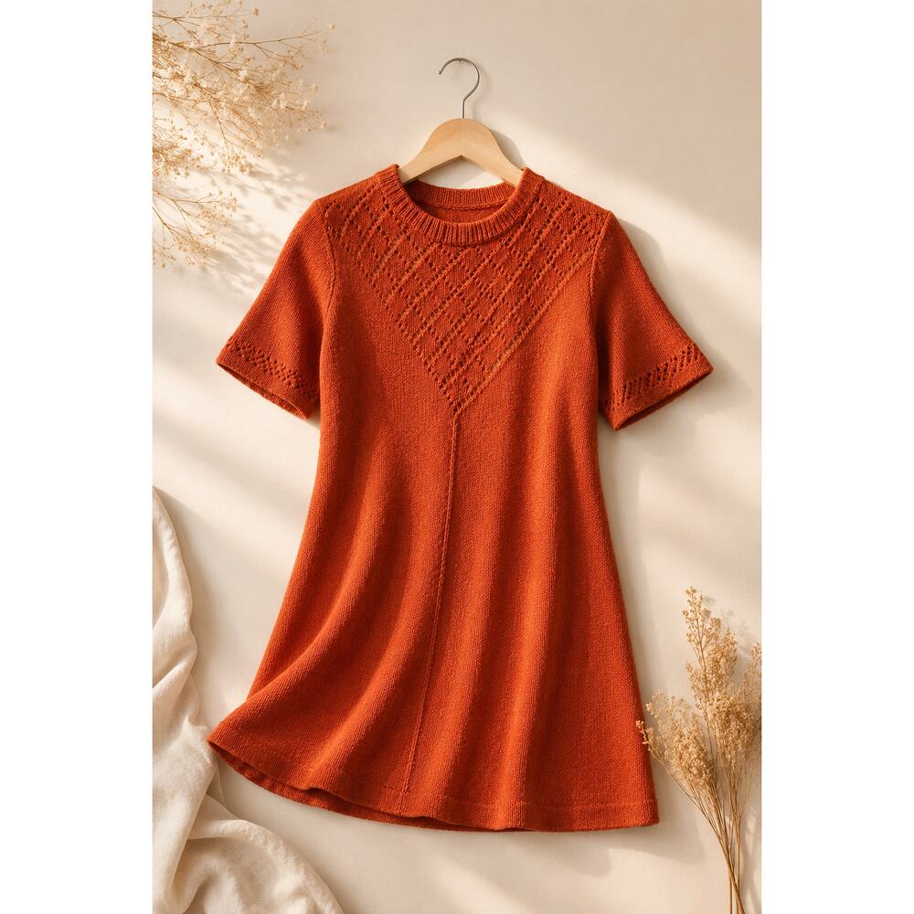 Vintage Jette Holmen Denmark Wool Knit Tunic Mini Dress Burnt Orange S